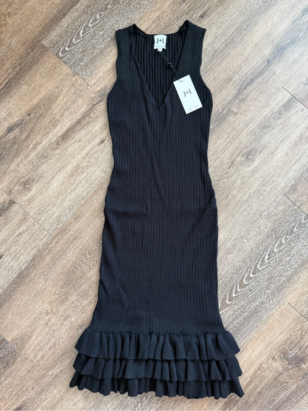 NWT J+L John + Jenn Black Rib Knit Ruffle Hem Sweater Dress XS | Stretch Midi